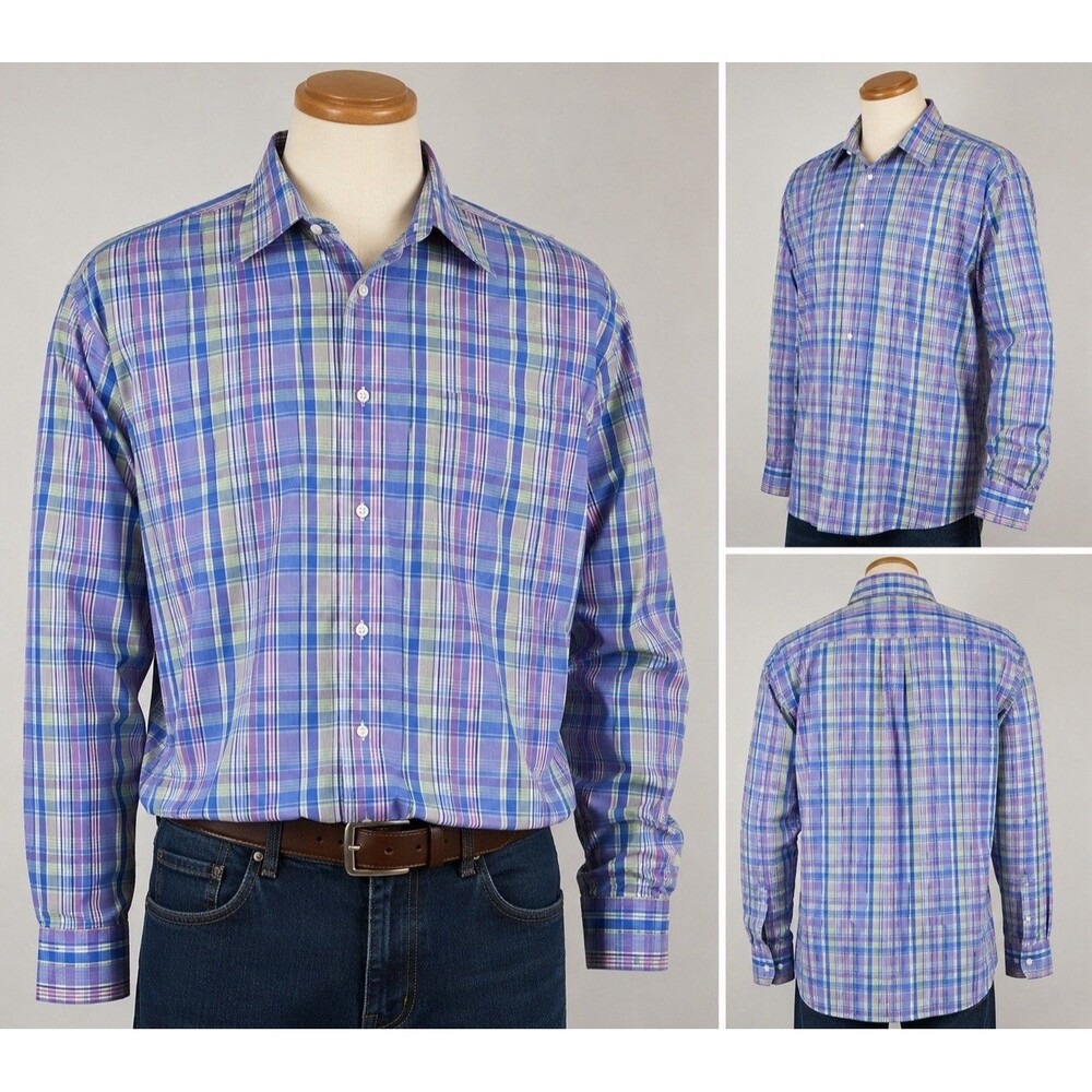 Stanford Travel Performance Men  Plaid Long Sleeve Button Down Size 17 36/37